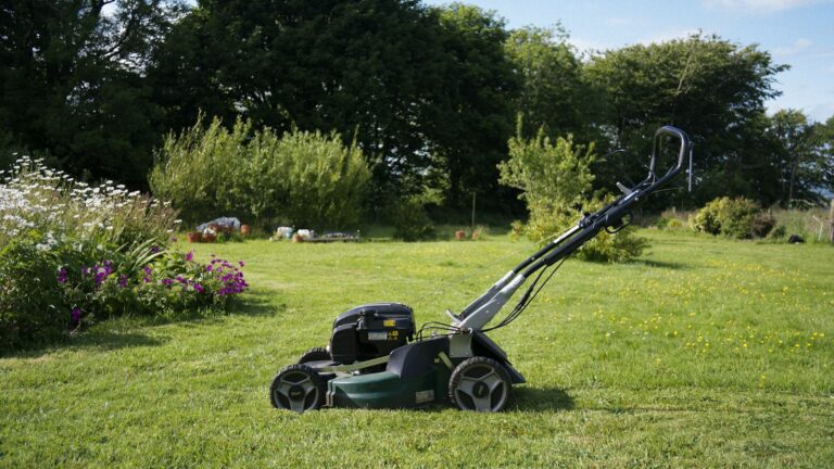 Walk-behind gas lawn mower standing on a garden lawn